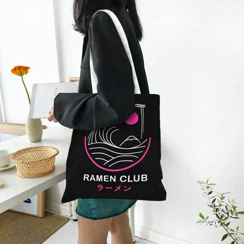 حقيبة تسوق للطعام يابانية للنساء قابلة لإعادة الاستخدام حقيبة كتف من القماش حقيبة متينة لعشاق رامين كلوب حقائب للتسوق من البقالة