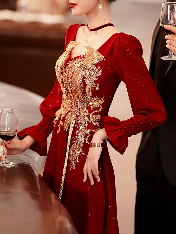 Falda de estilo Retro chino para mujer, prenda de manga larga con cuello alto, color vino tinto, para bodas, tostadas y nupciales, primavera y verano, novedad de 2022