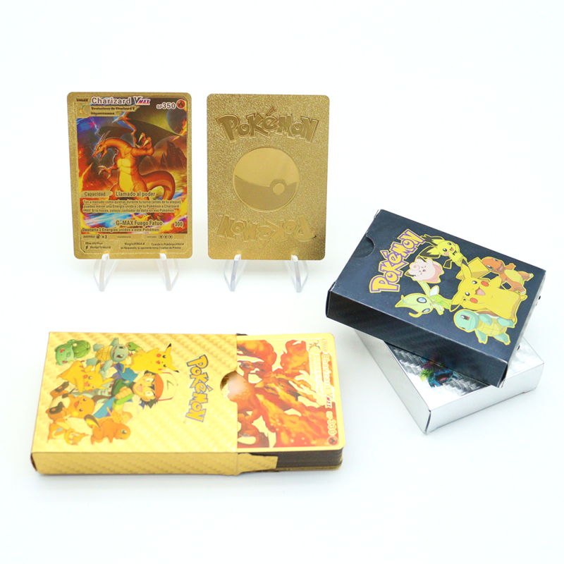 27-55 개 포켓몬 골드 실버 카드 상자, 스페인어 영어 피카추 리자몽 Vmax 기념일 선물 한정판 취미 컬렉션