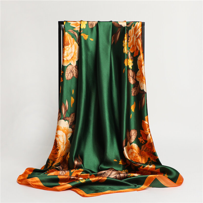 Floral Printing Satin Silk Hijab Women Square Scarf Muslim Wrap Muffler Shawls Heandband Bandana Neckerchief Foulard 90*90cm