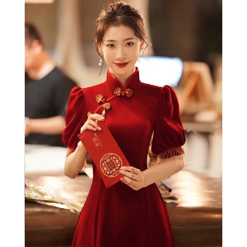 Vestido Cheongsam chino rojo vino para mujer, vestido de boda/compromiso-estilo largo-mangas abullonadas (cubre tus brazos)-estilo delgado