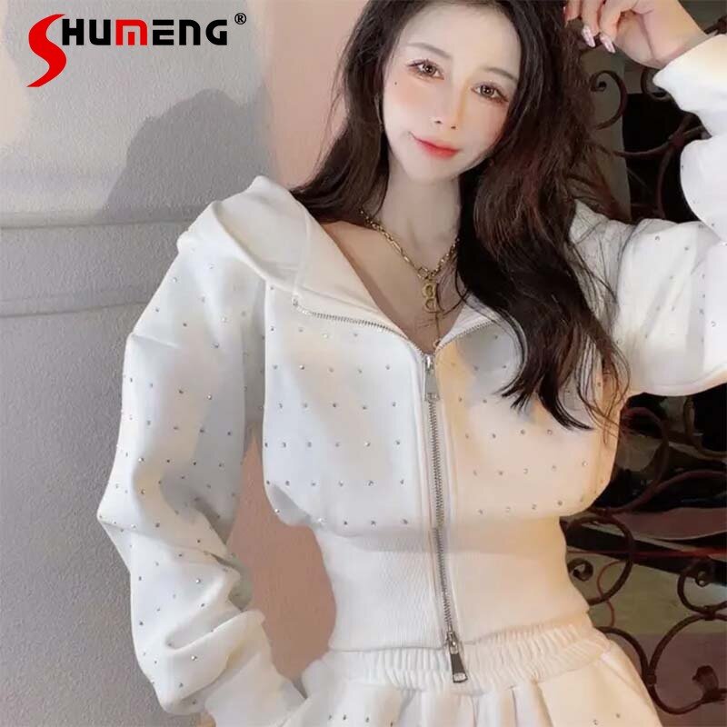 2022 Herfst Lente Nieuwe Trainingspak Heavy Rhinestone Capuchon Vest Sweater Jas Vrouwen Mode Sport Casual Broek Tweedelige Set