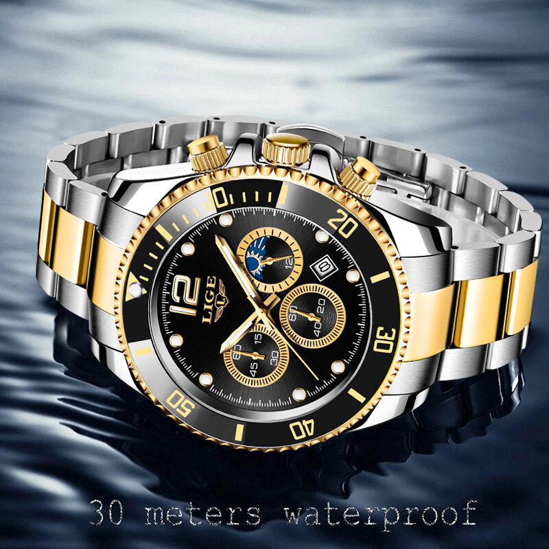 LIGE-reloj analógico con correa de acero inoxidable para hombre, accesorio de pulsera resistente al agua con cronógrafo, complemento masculino deportivo de marca de lujo con diseño militar y diseño moderno