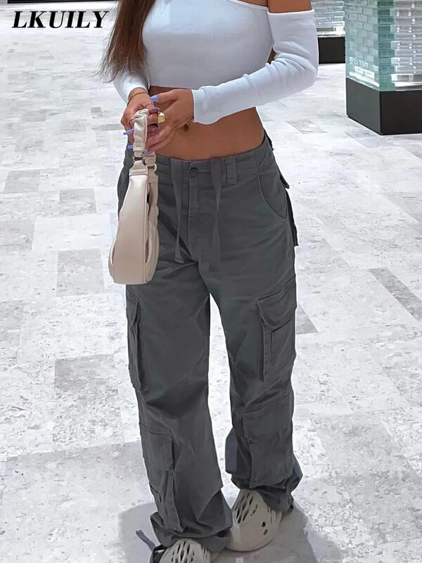 Vintage Cargo spodnie kombinezony workowate dżinsy kobiety moda codzienna 90s Streetwear duże kieszenie wysokiej talii proste spodnie jeansowe Y2k