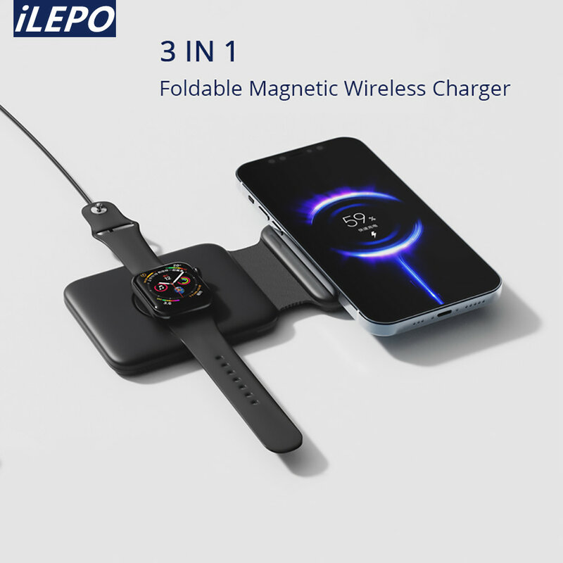 3 em 1 carregador sem fio magnético dobrável para iphone 13/12 pro/xs/x/8 plus qi 15w almofada de carregamento sem fio para airpods pro/iwatch
