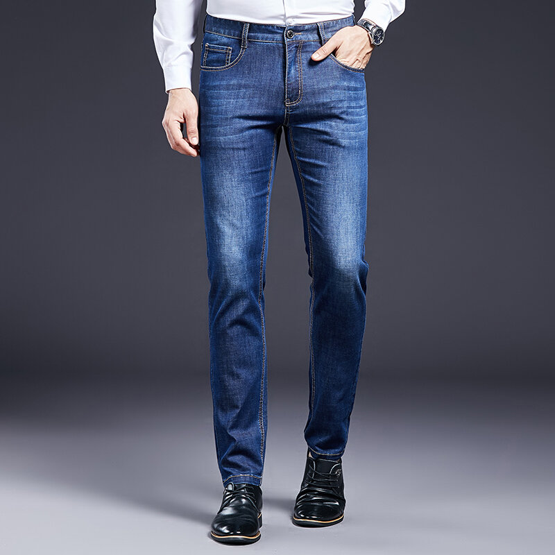Spring and summer 2022 men's casual straight jeans middle-aged and young people's loose elastic solid color long pants