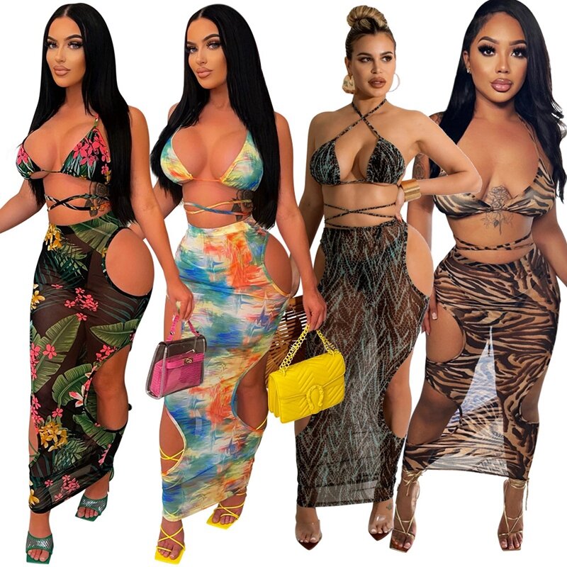 Skirt Floral Print Two Piece Summer Sets Womens Outfits Sexy Sheer Mesh See Through Holiday Beach Outfits for Women Bikini Set