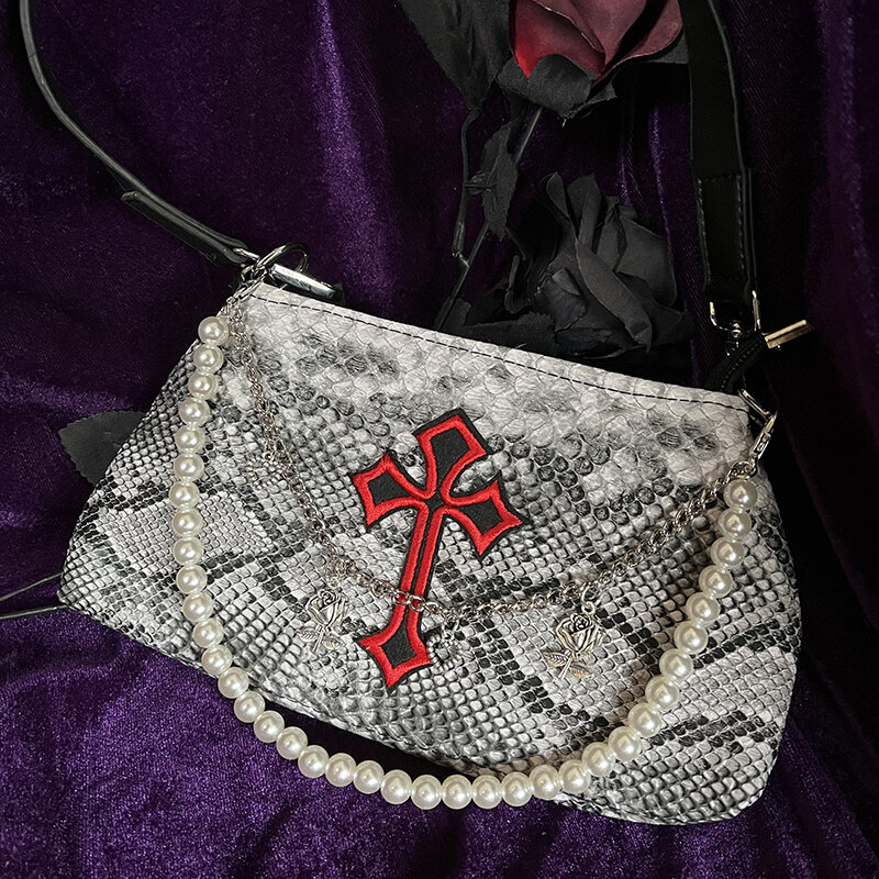 Xiuya Gothic Schulter Tasche Für Frauen Harajuku Y2K Stil Serpentine Muster Handy Taschen Weibliche Dunkle Kreuz Punk Kleine Handtaschen