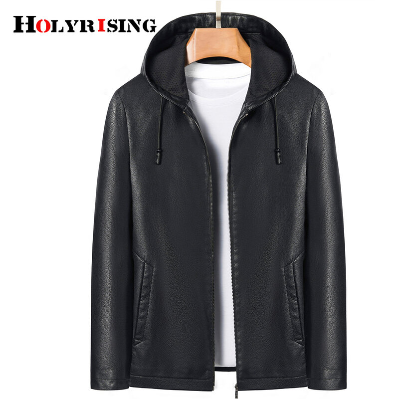 Holyrising homens com capuz casaco de couro do plutônio motocicleta motociclista falso jaqueta de couro masculino clássico inverno macio negócio casual casaco nz228