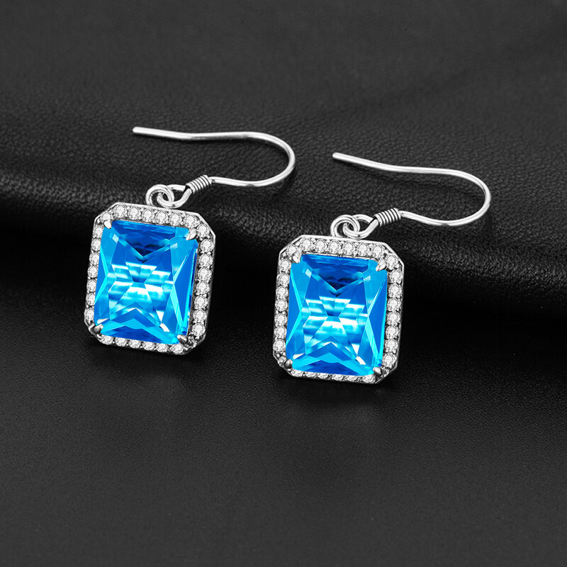 Classic Real 925 Sterling Silver Earring Blue Topaz Square Drop Earrings for Women Fine Jewelry Casual Trendy Party Anniversary