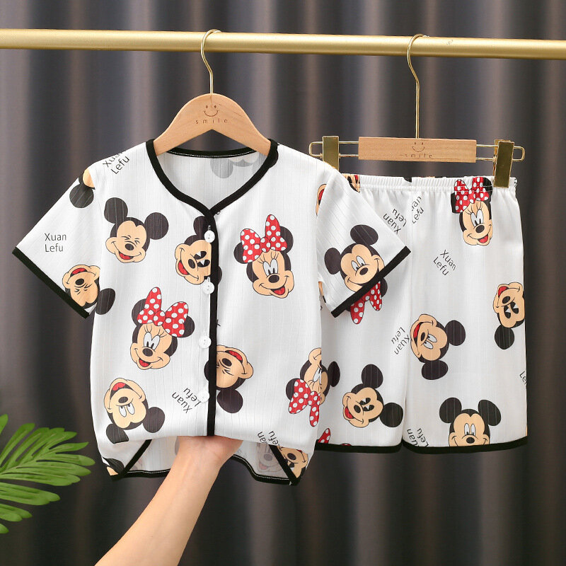 Mickey Mouse Minnie Summer Children's Pajamas Top Pants Cartoon Pajamas Set Boys and Girls  Baby Pajamas Short Sleeved T-shirt