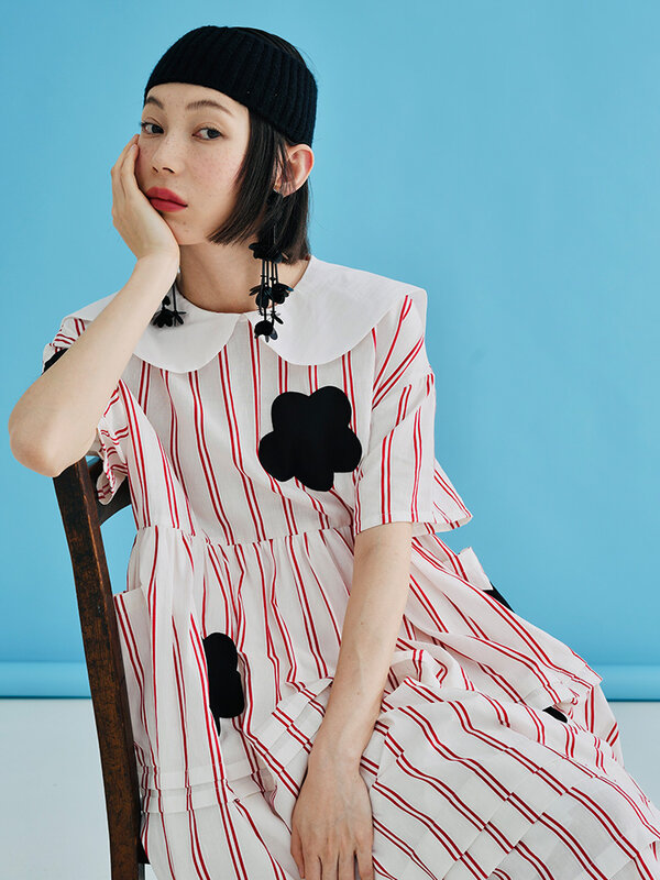 Imakokoni original linen color matching vertical stripe navy collar pirnt flowers pink dress for women 2022 summer fashion