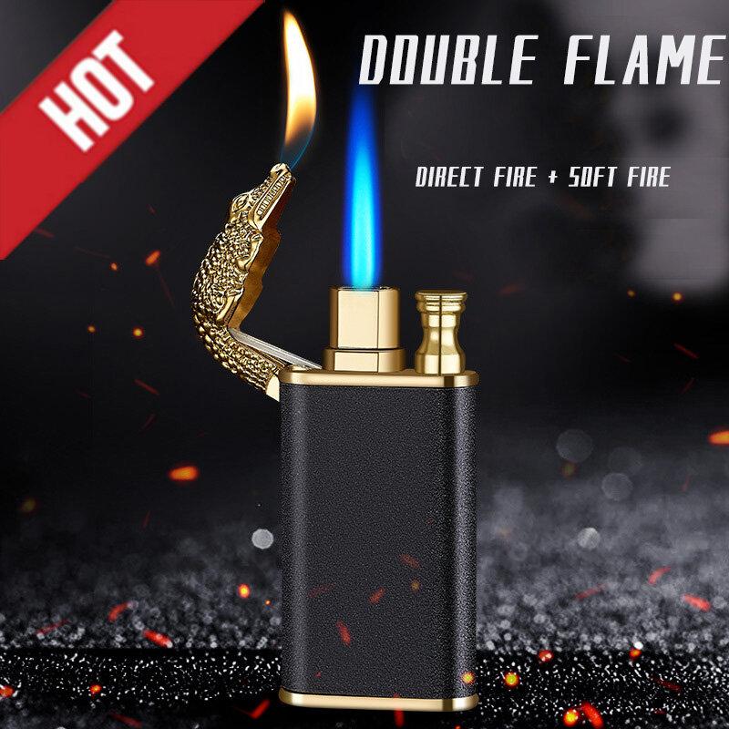 Insolito Blue Flame Metal Crocodile Dolphin Double Fire lighter creativo Direct antivento Open Fire Conversion accendino regalo da uomo