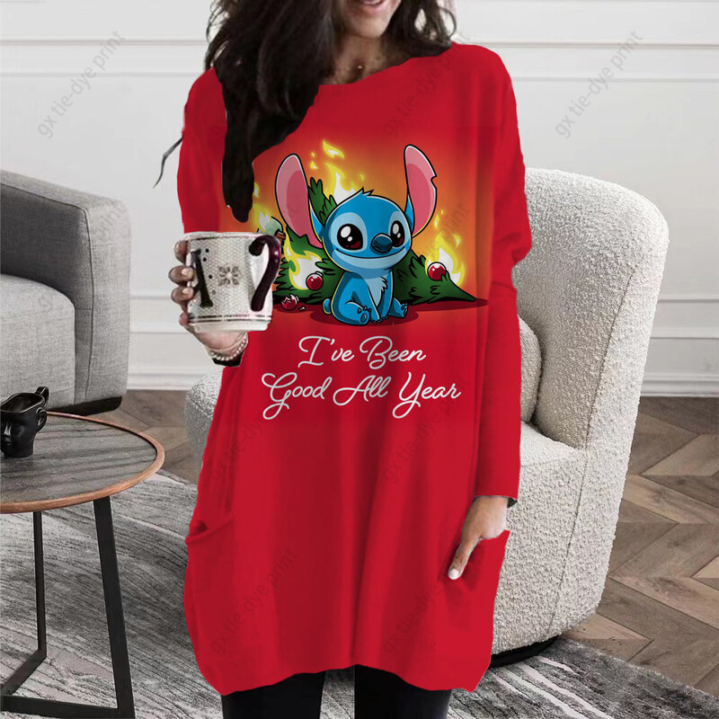 Boże narodzenie Disney ścieg drukowana kieszeń długi rękaw t-shirt damski z okrągłym dekoltem wydłużony t-shirt prezent świąteczny długi t-shirt gorący