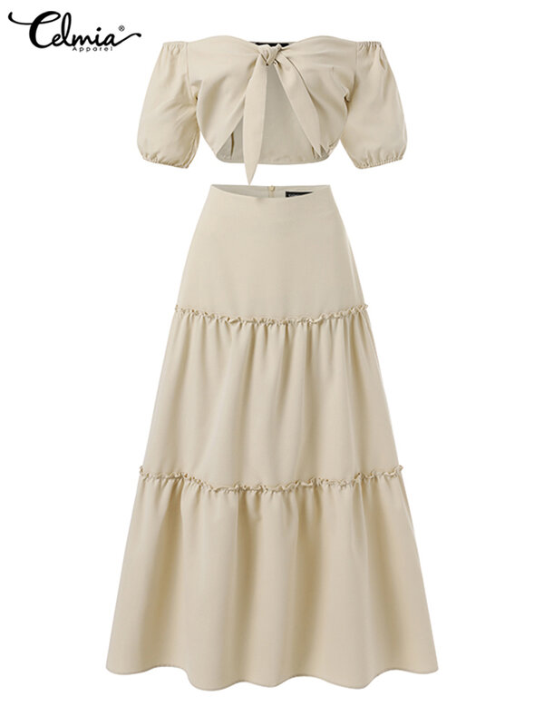 Celmia-Conjuntos de vestido de verano para mujer, faldas largas plisadas abombada y Tops cortos de manga corta con costuras, conjuntos de 2 piezas para vacaciones, 2022