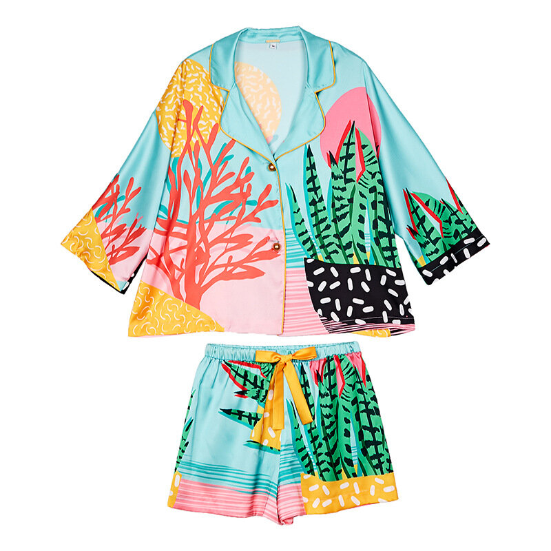 Conjunto de pijama de plantas tropicales para mujer, pantalones cortos de seda, ropa de dormir para el hogar, arte dibujado a mano, INS