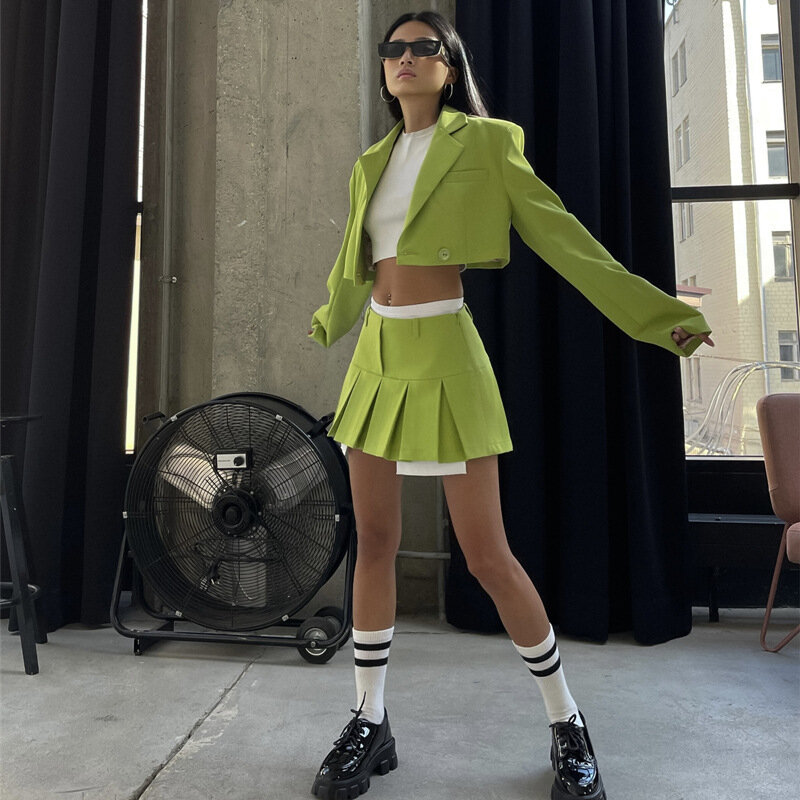 Set Dua Potong Kasual Solid Baru untuk Wanita Pakaian Musim Semi Musim Gugur Set Rok Pinggang Tinggi Mode Set Rok Y2K Wanita Berlipat