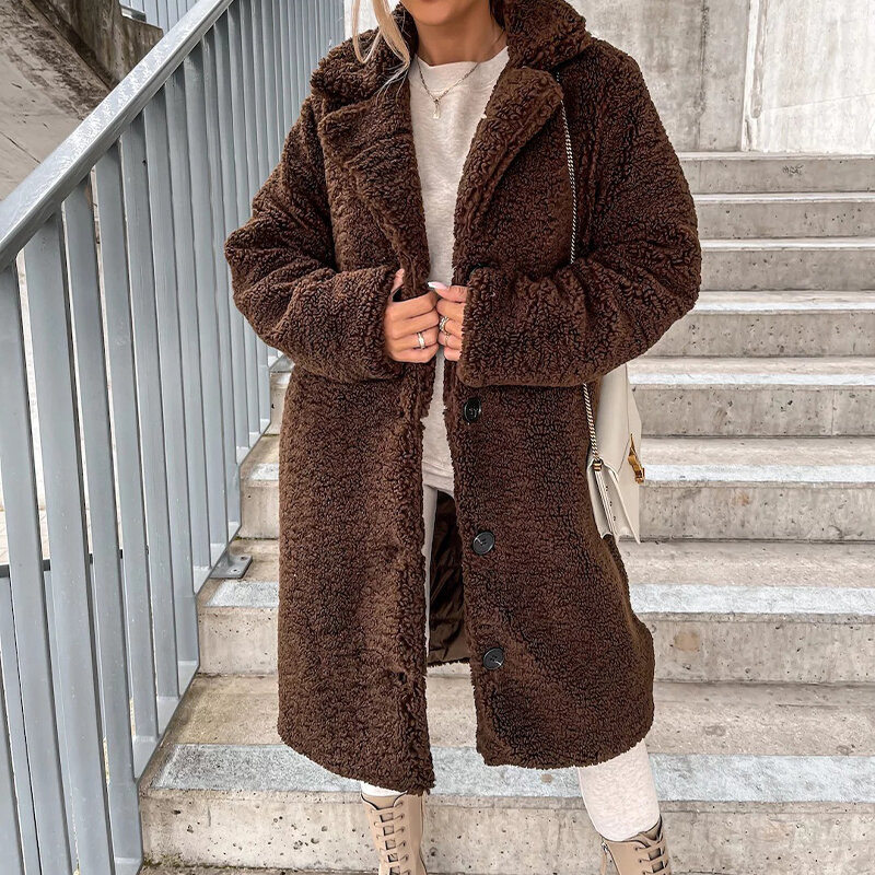 Abrigo de piel sintética de longitud media para mujer, abrigo grueso y esponjoso de manga larga con solapa, chaqueta informal de oso de peluche para invierno, 2022