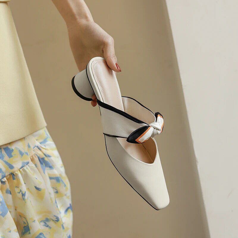 Zapatillas de piel auténtica con nudo de mariposa para mujer, zapatos de tacón grueso con punta puntiaguda, de oficina, para primavera y verano
