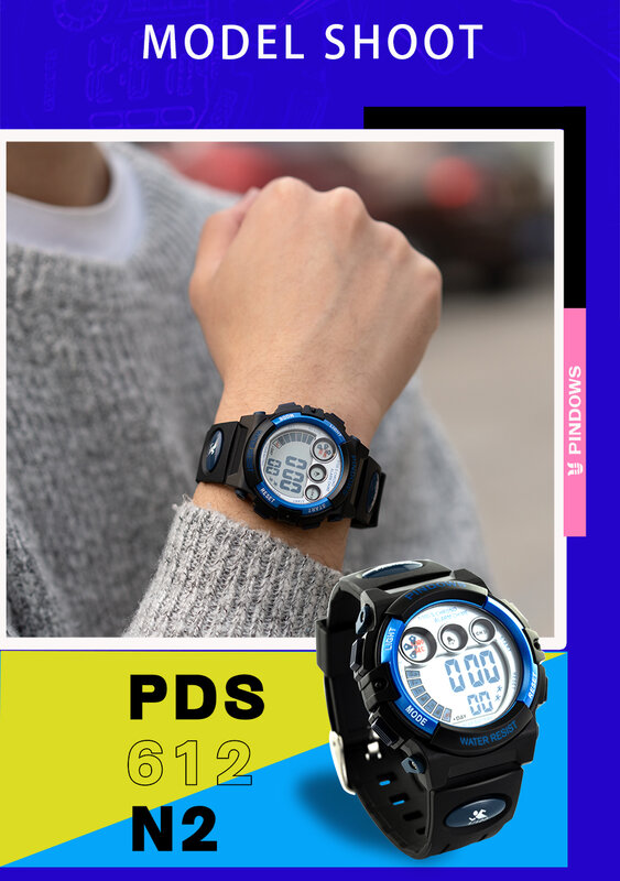 PINDOWS-reloj deportivo Digital para niños y niñas, pulsera con alarma de fecha automática, resistente al agua hasta 30M, con LED, estilo militar
