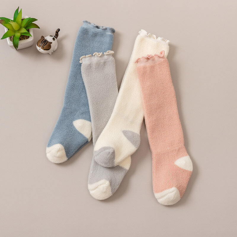 Bonito do joelho do bebê meias altas algodão respirável macio crianças menino menina meias sólida terry meias perna aquecedores meias longas 0-3years