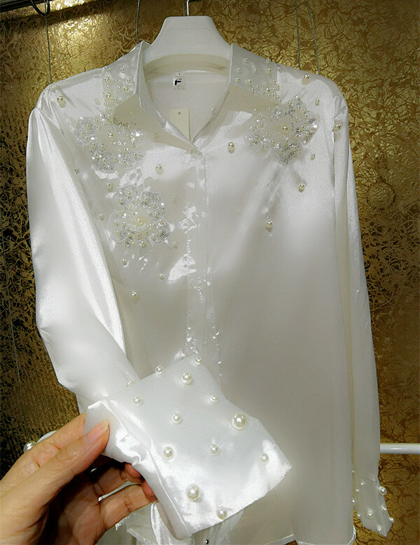 Camiseta de hada perlada para mujer, camisa holgada de gran tamaño con lentejuelas y flores tridimensionales, con botones, a la moda, 2022