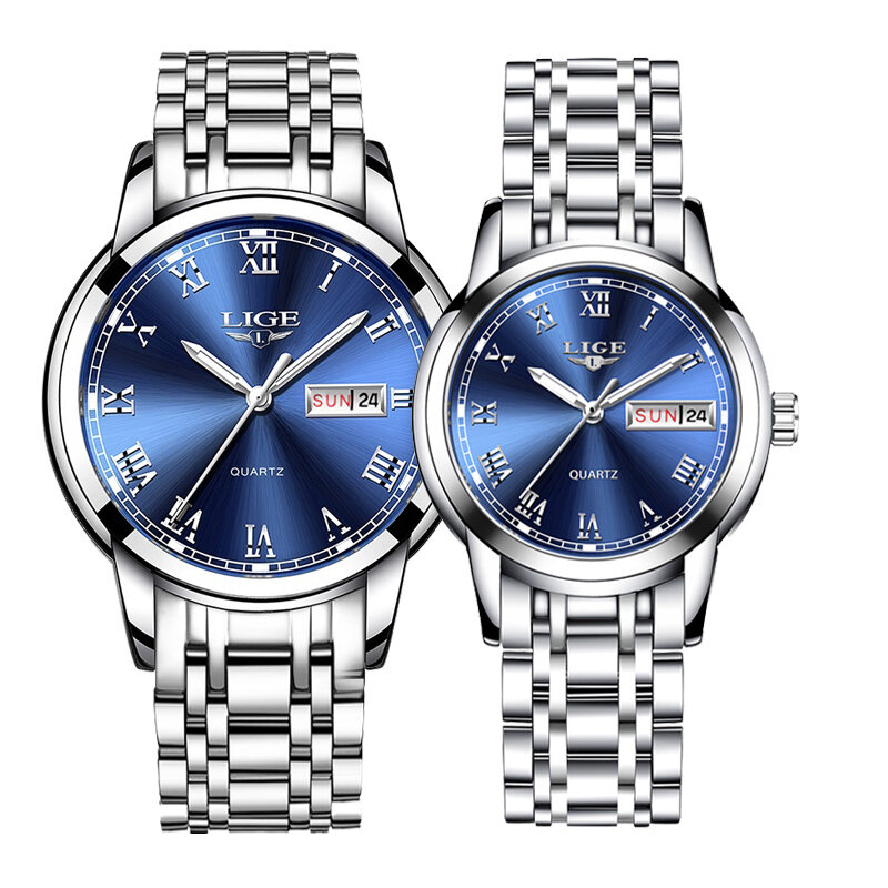 Lige casal relógio conjunto original para homens de negócios feminina moda casual à prova dwaterproof água aço inoxidável quartzo senhoras relógios de pulso + caixa