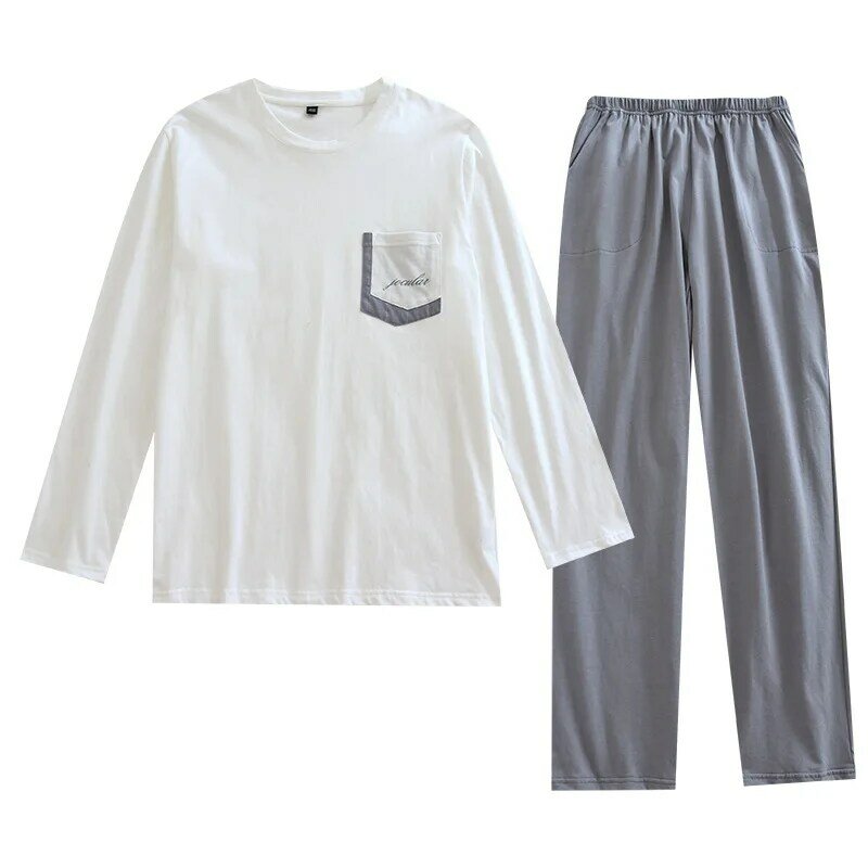 Conjunto de pijamas de algodão de malha manga longa primavera outono adolescente meninos homewear terno pijamas lounge pijamas em torno do pescoço fino