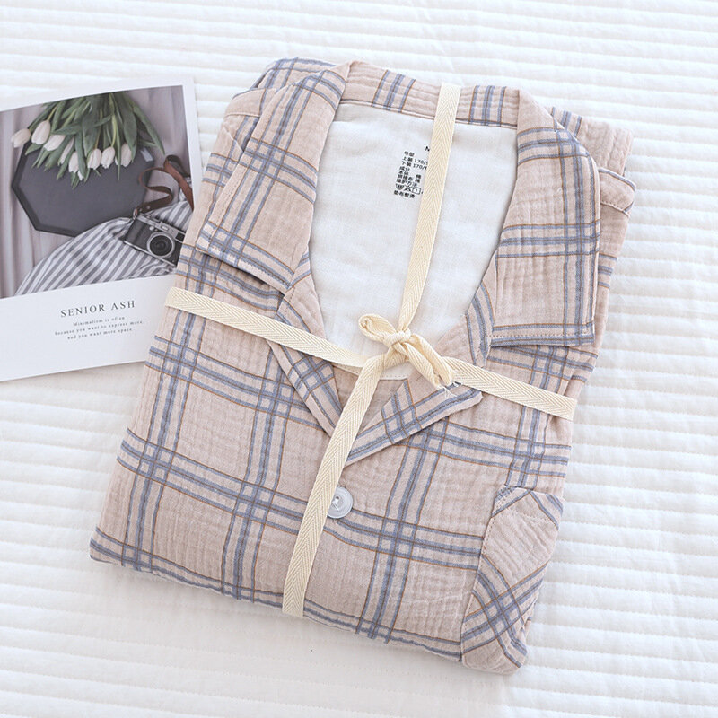 Pakaian Tidur Set Pakaian Pria Kotak-kotak Besar Dicuci Piyama Krep Empat Musim Kerah Tipis Celana Lengan Panjang Ayah Piyama Pencari Ganda