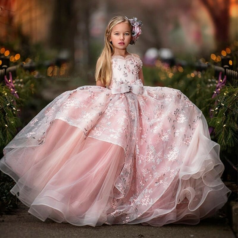 فستان فتاة الزهور الوردي اللؤلؤ الكرة الزفاف تكدرت طوق الطبقات الجمال مسابقة أول مناولة فستان مناسبة حسب الطلب