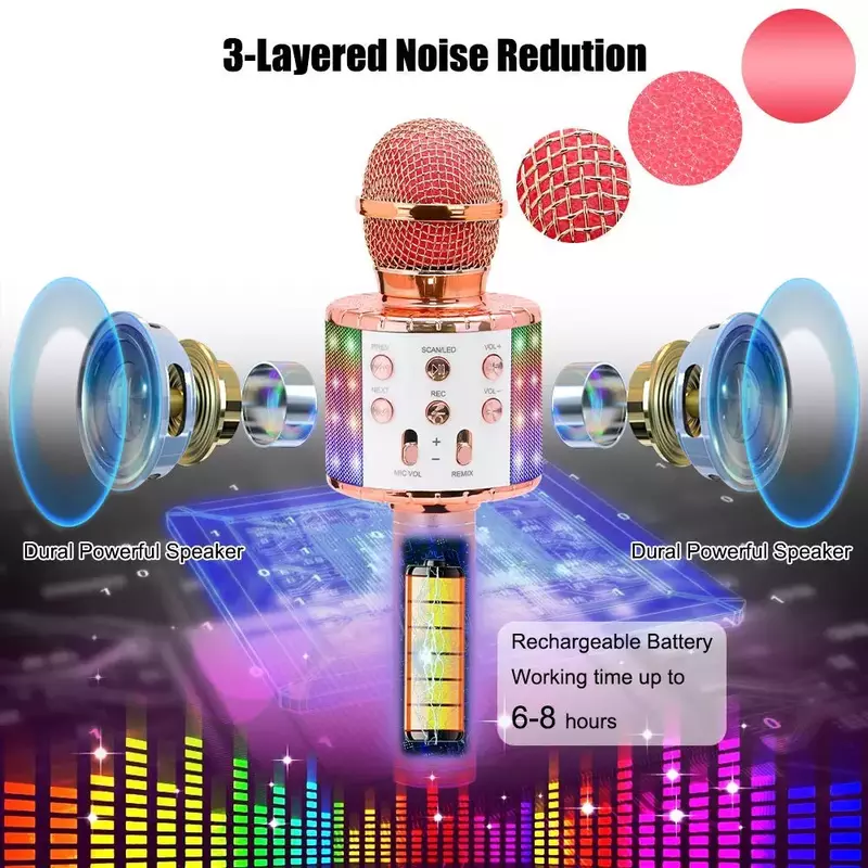 Micrófono de karaoke inalámbrico para niños, altavoz portátil con bluetooth, reproductor de KTV con luces LED de baile para el hogar, función de grabación