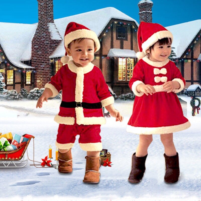 Рождественский костюм Санта-Клауса для маленьких мальчиков и девочек, детские красные платья для косплея, детское платье, одежда с шляпой, Карнавальная яркая одежда