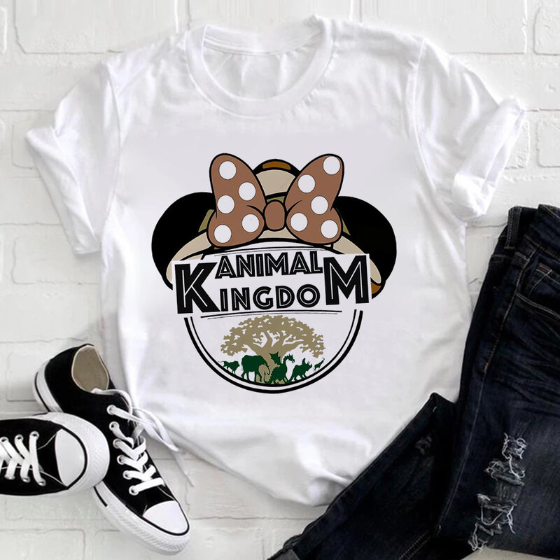 Disney Animal Kingdom เสื้อแฟชั่น Mikcey Minnie พิมพ์ผู้หญิงเสื้อยืดสวนสัตว์ครอบครัวเสื้อผ้าเดินทางความงามเด็กผู้หญิงเสื้อ2023ใหม่