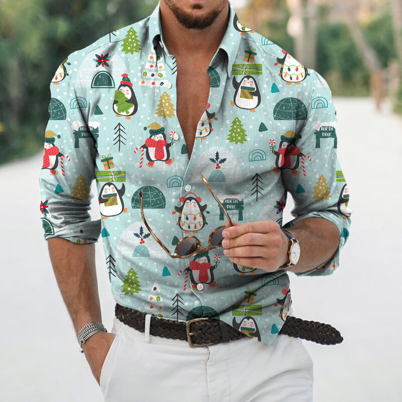 Camisa hawaiana con estampado 3d de Papá Noel para hombre, camisetas de manga completa para vacaciones y playa, blusa de gran tamaño para primavera