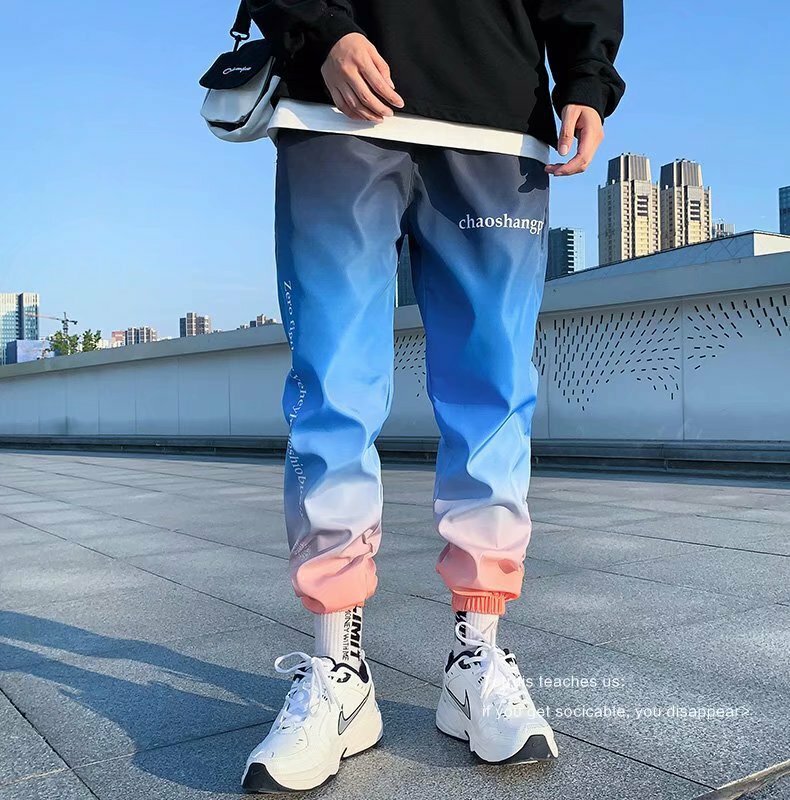 Gradiente cor calças dos homens casais casuais esportes calças cortadas corredores harajuku moda hip hop dança streetwear calças magras