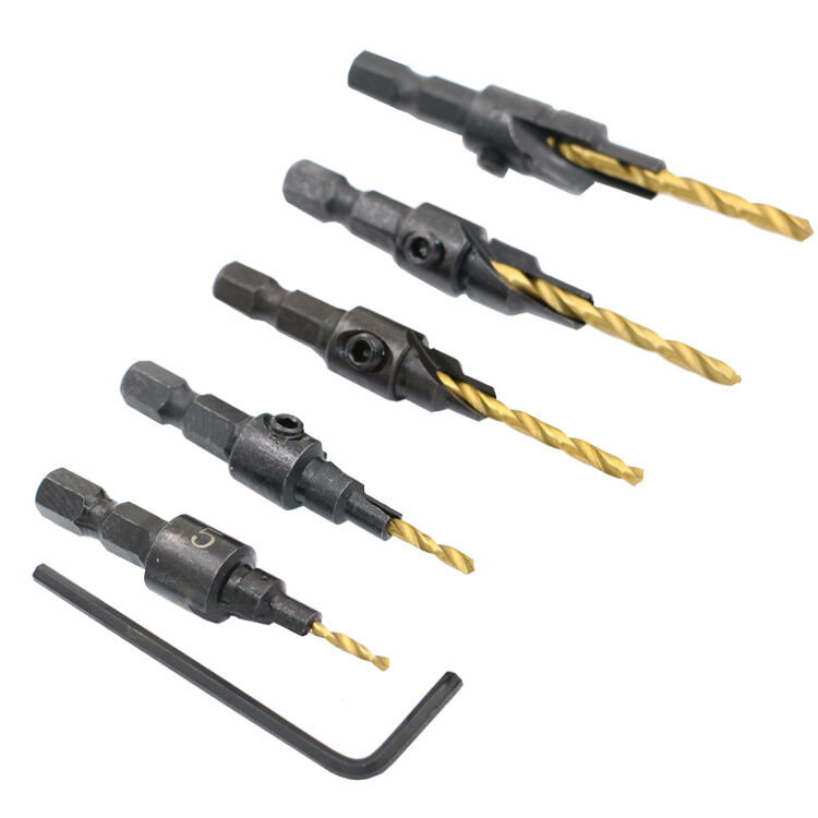 5/4pcs 5-12 Countersink Drill Woodworking Drill Bit Set Drilling Pilot Holes For Screw Size #5 #6 #8 #10 #12 With a Wrench Tools