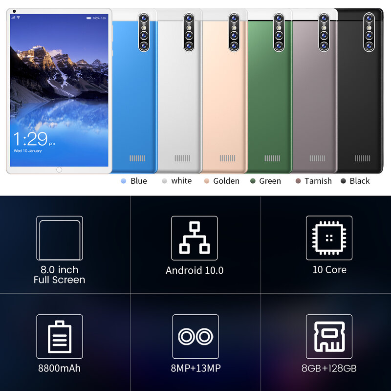 Планшетный компьютер Pad S16 Google Play, Диагональ экрана 8,0 дюйма, фотография 8 ГБ, 128 ГБ ROM, камера 13 МП, плоский планшет, новый планшет 10 дюймов, стан...