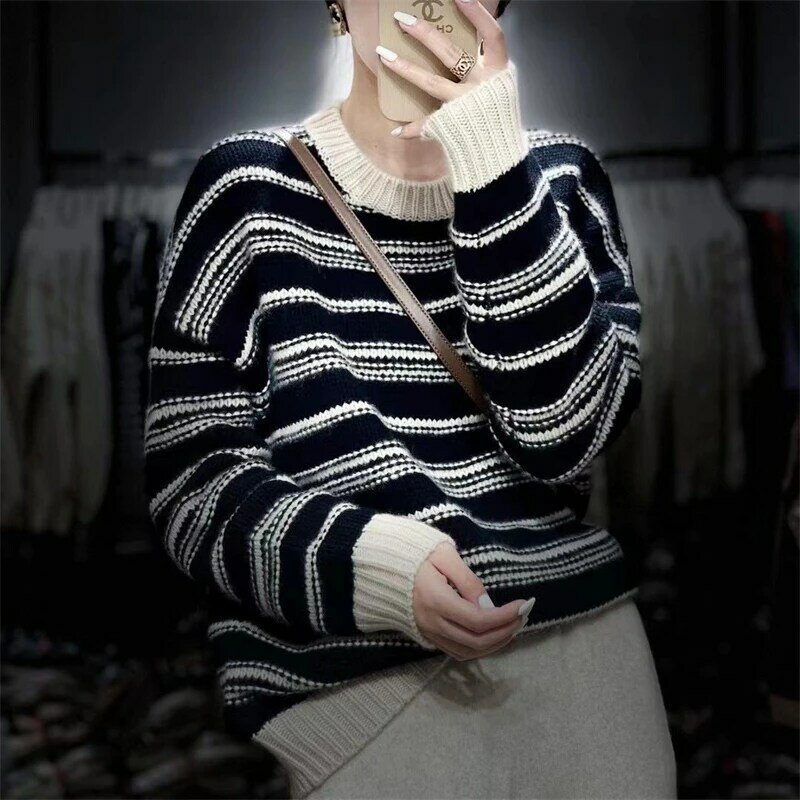 Women's New 100% Wool Autumn And Winter Striped Knitted Sweater Women's Casual Loose Warm Pullover Stitching Retro Soft Sweater