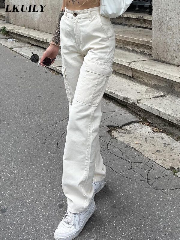 Damskie spodnie Cargo biała moda Streetwear Y2K workowate spodnie dorywczo kieszeń wysokiej talii solidna estetyka proste spodnie kombinezony