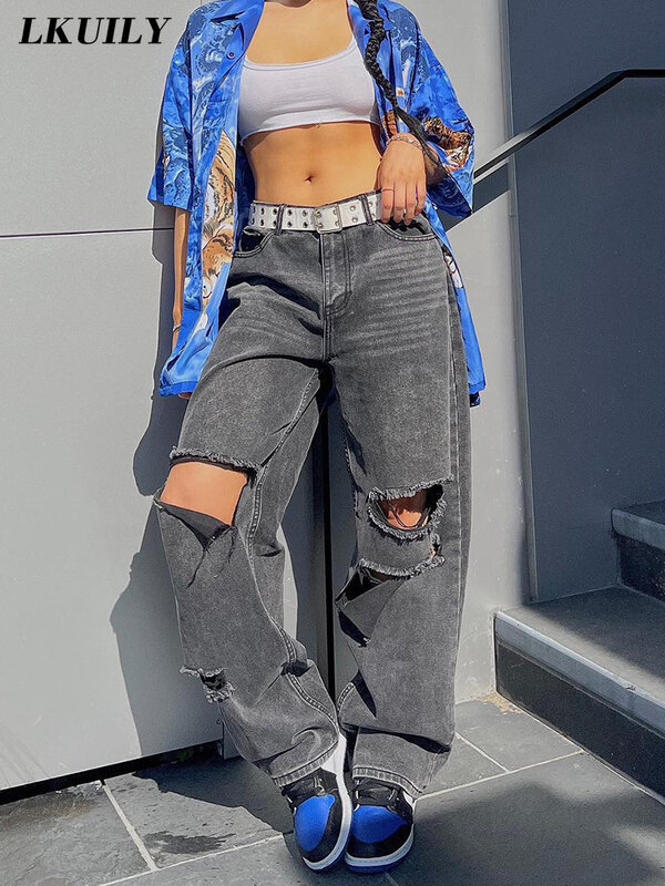 Hole Jeans Women Baggy Fashion Famale Clothing Casual Jeans Low Waist Y2K Streetwear Frayed Loose Aesthetics Straight Trousers