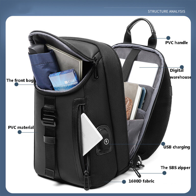 SUUTOOP Men Multifunction Shoulder Bag USB Crossbody Bag Man Waterproof Travel Sling Bag Pack Messenger Pack Chest Bag For Male