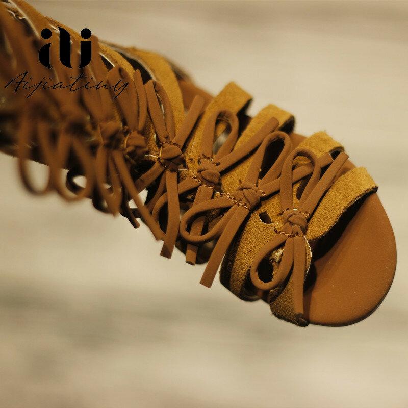Sandales d'été en cuir véritable pour filles, en daim, style romain, avec nœud, bottes de gladiateur pour enfants