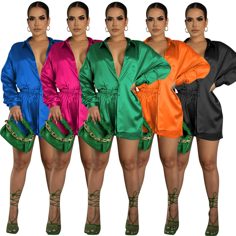 Wishyear 2022 Summer Sexy Satin Green Long Sleeve Shirts and Shorts Two Piece Sets Womens Outifits Lounge Wear Vacation