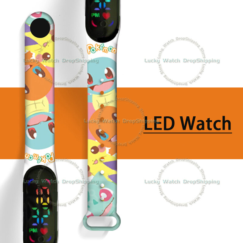 포켓몬 피카추 어린이용 시계, 애니메이션 캐릭터, Squirtle Charmander, LED 방수 스포츠 팔찌, 어린이 선물용 시계