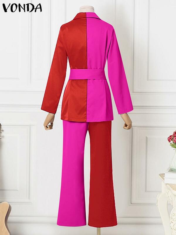 VONDA 2022 Lady Long Sleeve Office Pant Set Polyeser Color Patchwork Long Trouser Suit Lapel Belted Jacket Formal Turnip Suit 4#