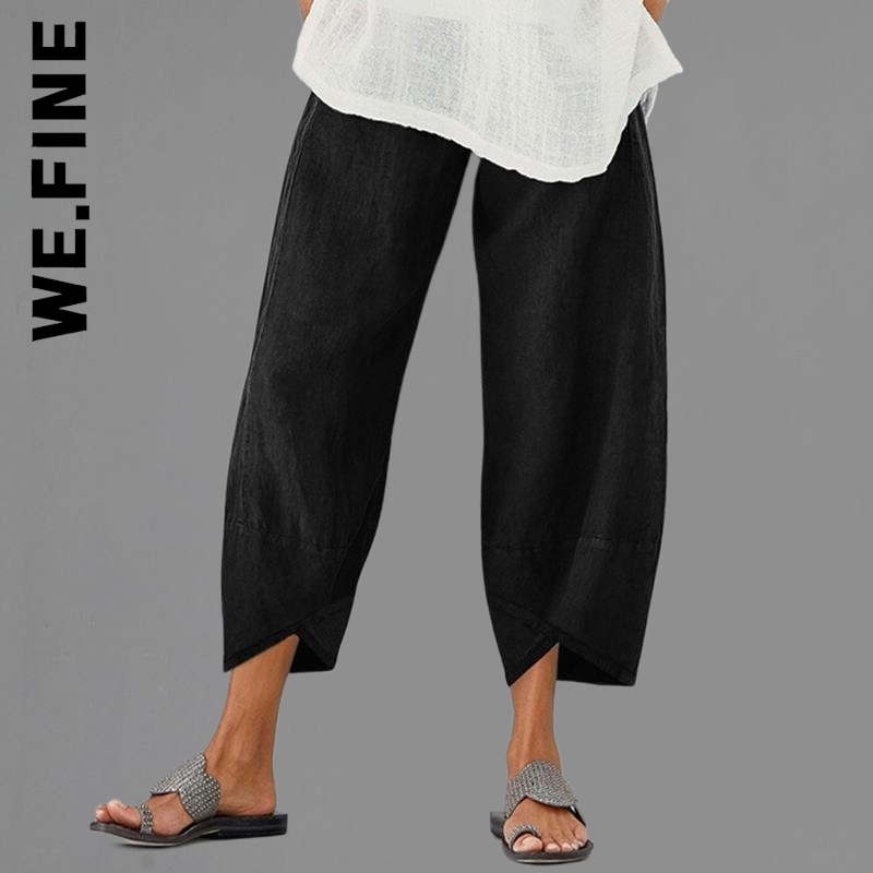 We.Fine-Pantalones harén de lino y algodón para mujer, pantalón de pierna ancha con cintura elástica, Vintage, informal, con bolsillos sólidos, holgados, recortados