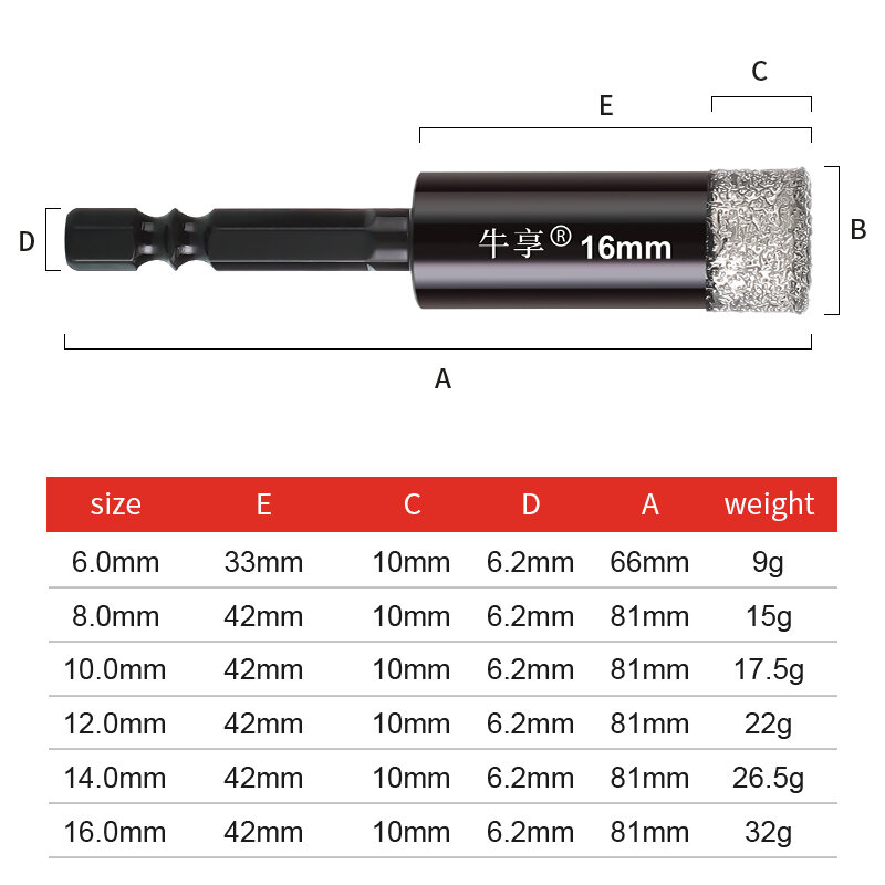 6/8/10/12mm Hex Handle Vacuum Brazed Diamond Dry Drill Bits Hole Saw Cutter for Granite Marble Ceramic Tile Glass