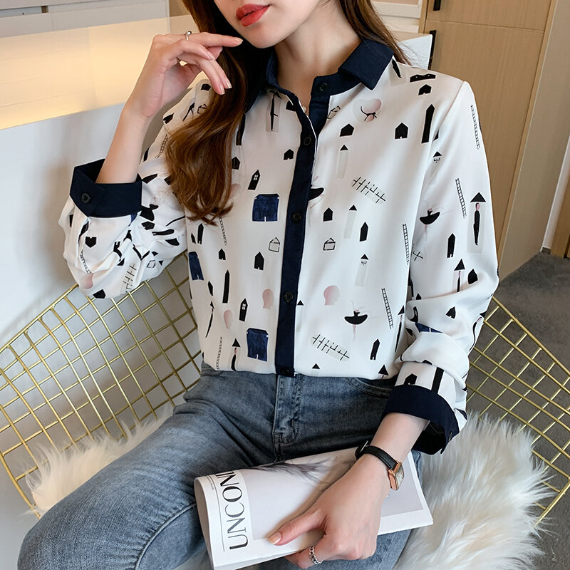 Primavera coreano moda cor match impressão de mangas compridas chiffon camisa senhoras topo mujer dropshipping camisa xadrez 2022