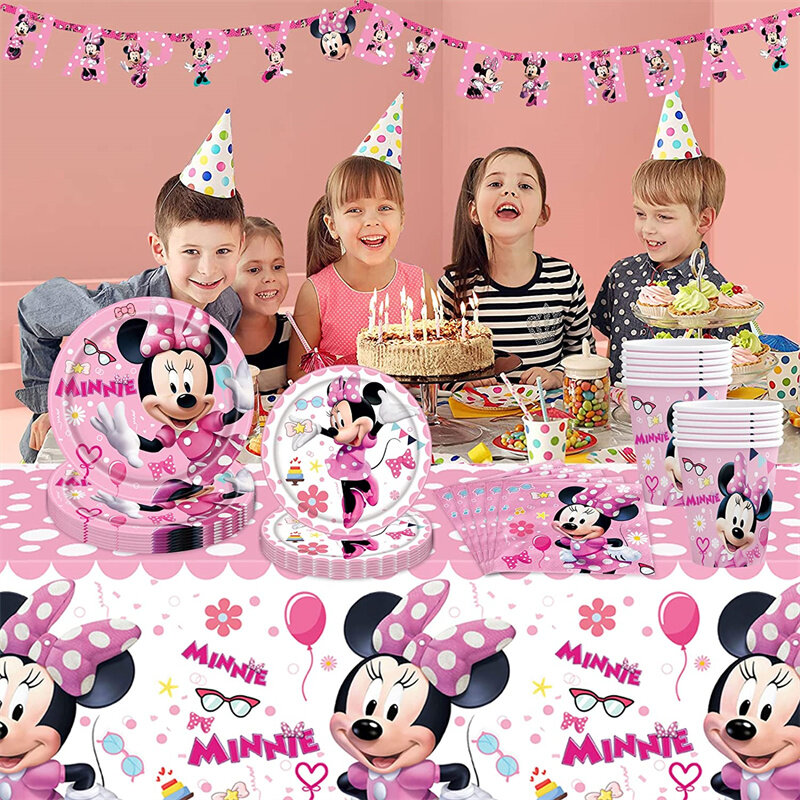 ミニーマウスのパーティー用品,テーブルクロス,プレート,ナプキン,ストロー,使い捨て食器,女の子のための誕生日の装飾