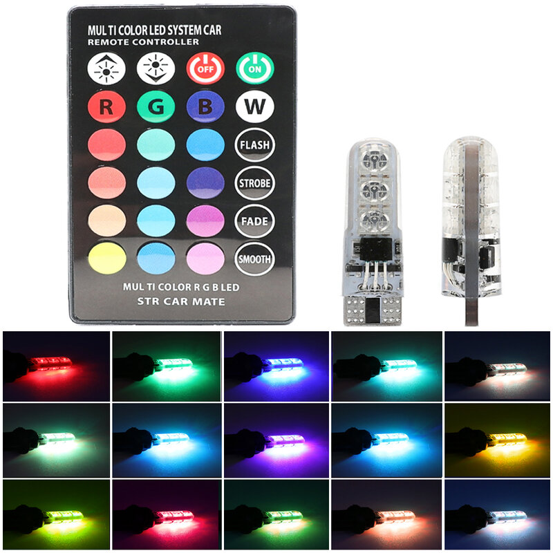 Uniwersalna żarówka LED T10 RGB W5W 5050 wnętrze auta lampa kopułowa do czytania 12V klinowa lampa boczna żarówka LED RGB z pilotem